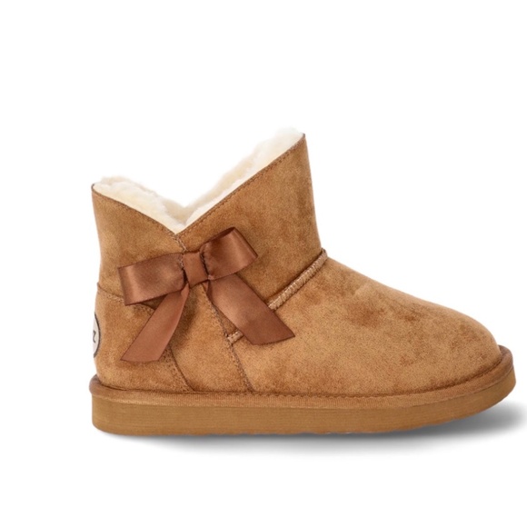 Girls faux suede ankle Boots Bow Slip-On Brown Winter Shoes New - Picture 1 of 5